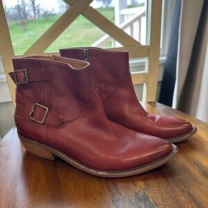 Lucky Brand Caelyn Ankle Booties Women 7M Red Leather Buckle Pointed Toe Zip